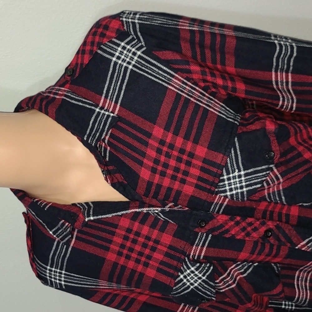 Zara Basic Red/Black Button-Front Plaid Shirt Rol… - image 4